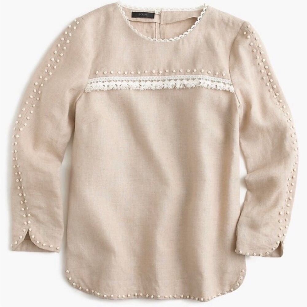 J Crew Linen Embroidered French Knot Oatmeal Tan White Top Blouse Size 6